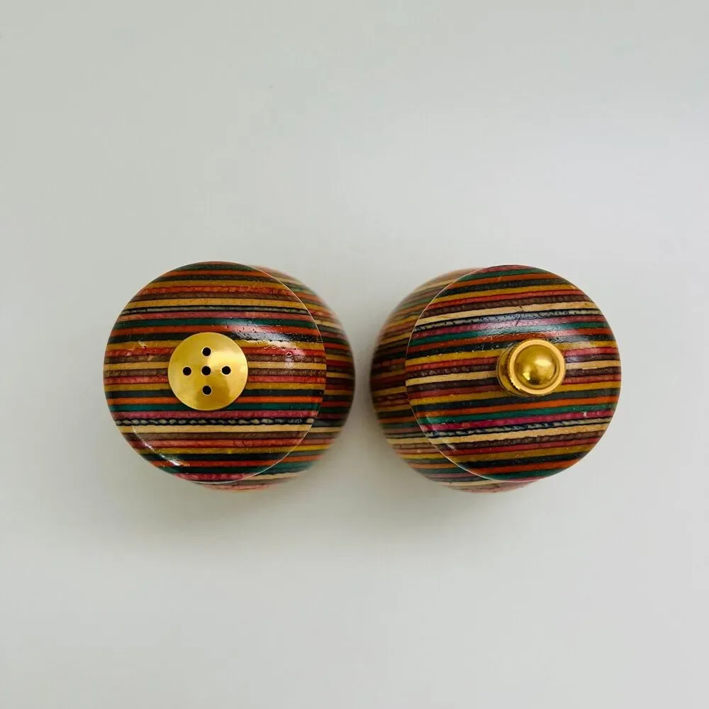 MR. DUDLEY Rainbow Striped Laminated Wood Gold Hardware Salt & Pepper Shakers